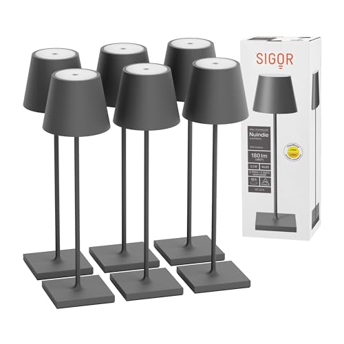 SIGOR 6 Stück Nuindie - Dimmbare LED Akku-Tischlampe Indoor & Outdoor, IP54 spritzwassergeschützt, Höhe 38 cm, aufladbar mit easy-connect, 12 h Leuchtdauer, graphitgrau von SIGOR