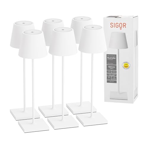 SIGOR 6 Stück Nuindie - Dimmbare LED Akku-Tischlampe Indoor & Outdoor, IP54 spritzwassergeschützt, Höhe 38 cm, aufladbar mit easy-connect, 12 h Leuchtdauer, schneeweiß von SIGOR