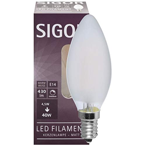 SIGOR LED Filamentlampe KERZE, 230V, Ø 3.5cm / L 9.7cm, E14, 4.5W 2700K 470lm 300°, dimmbar, Matt von SIGOR