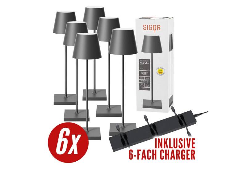 SIGOR LED Tischleuchte 6x Nuindie USB-C 380mm graphitgrau + 1x Charger, Dimmbar, LED fest integriert, Warmweiß von SIGOR