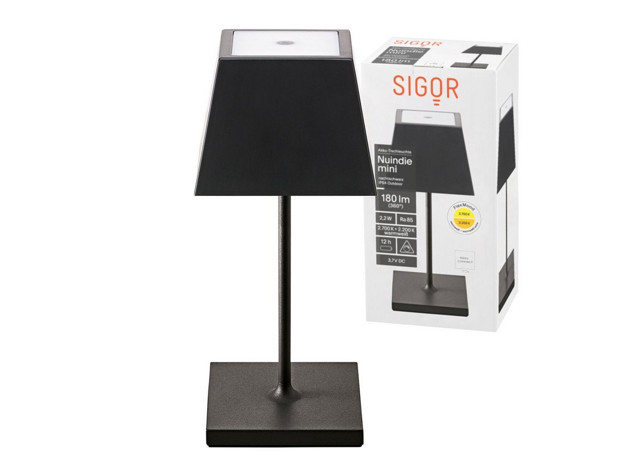 SIGOR LED Tischleuchte Eckige Akku-Tischlampe Nuindie Mini, LED fest integriert, Warmweiß, Extra Warmweiß, kabellose Tischleuchte, 25x10.5x10 cm von SIGOR