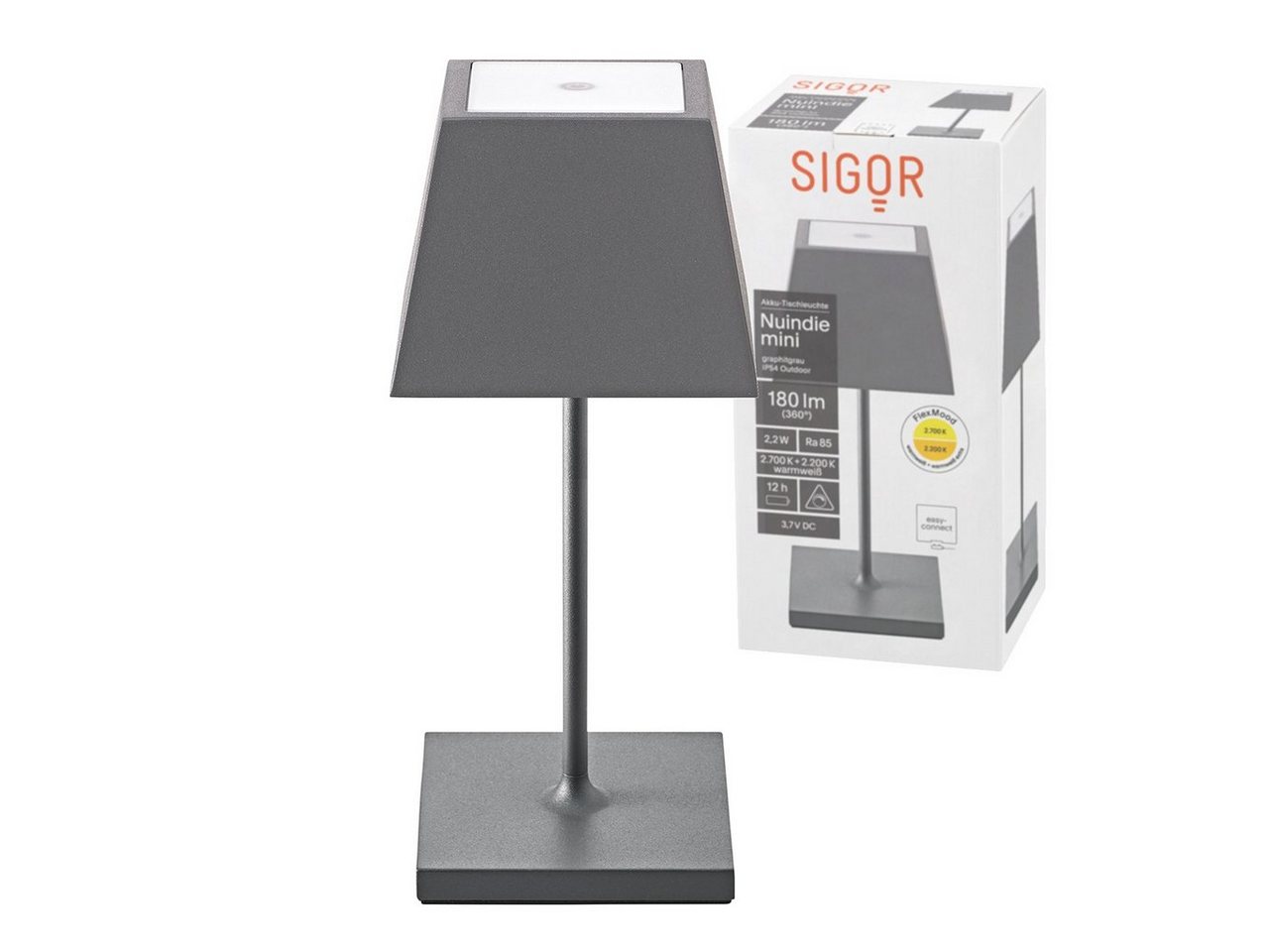 SIGOR LED Tischleuchte Eckige Mini Akku-Tischlampe, LED fest integriert, Warmweiß, Extra Warmweiß, kabellose Tischleuchte, 25x10.5x10 cm von SIGOR