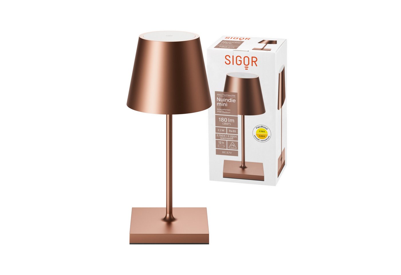 SIGOR LED Tischleuchte stilvolle Akku-Tischlampe Nuindie Mini, LED fest integriert, Warmweiß, Extra-Warmweiß, elegante, kabellose Schreibtischlampe, 25x10x10 cm von SIGOR