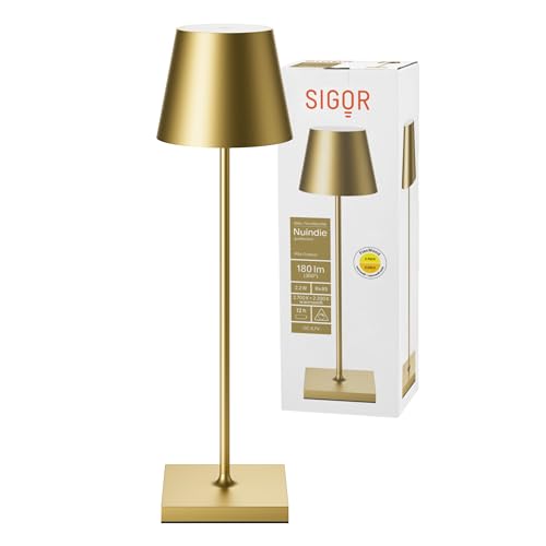 SIGOR Nuindie - Dimmbare LED Akku-Tischlampe Indoor & Outdoor, IP54 spritzwassergeschützt, Höhe 38 cm, aufladbar mit Easy Connect, 12 h Leuchtdauer, goldfarben von SIGOR