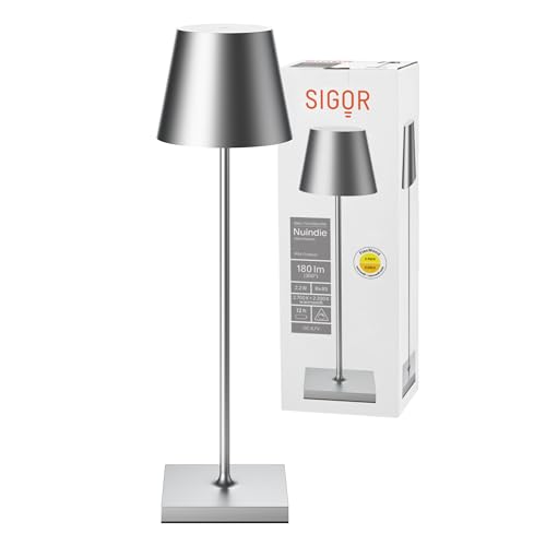 SIGOR Nuindie - Dimmbare LED Akku-Tischlampe Indoor & Outdoor, Höhe 38 cm, aufladbar mit Easy Connect, 12 h Leuchtdauer, silberfarben von SIGOR