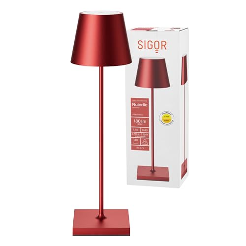 SIGOR Nuindie - Dimmbare LED Akku-Tischlampe Indoor & Outdoor, IP54 spritzwassergeschützt, Höhe 38 cm, aufladbar mit Easy Connect, 12 h Leuchtdauer, kirschrot von SIGOR