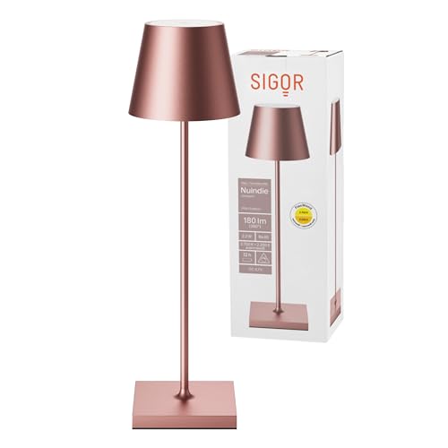 SIGOR Nuindie - Dimmbare LED Akku-Tischlampe Indoor & Outdoor, IP54 spritzwassergeschützt, Höhe 38 cm, aufladbar mit Easy Connect, 12 h Leuchtdauer, rosegold von SIGOR