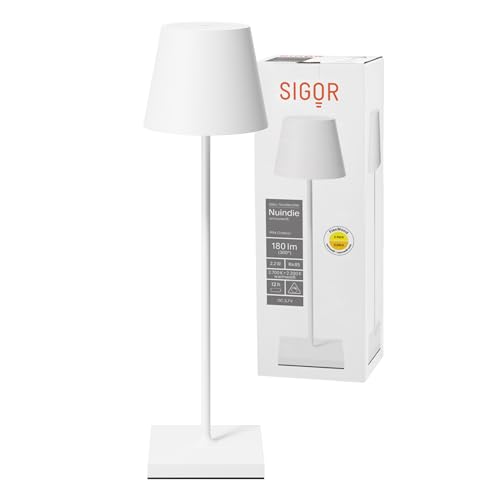 SIGOR Nuindie - Dimmbare LED Akku-Tischlampe Indoor & Outdoor, IP54 spritzwassergeschützt, Höhe 38 cm, aufladbar mit Easy Connect, 12 h Leuchtdauer, schneeweiß von SIGOR