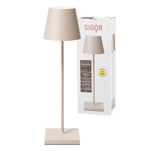 SIGOR Nuindie - Dimmbare LED Akku-Tischlampe Indoor & Outdoor, IP54 spritzwassergeschützt, Höhe 38 cm, aufladbar mit USB-C, 12 h Leuchtdauer, dünenbeige von SIGOR