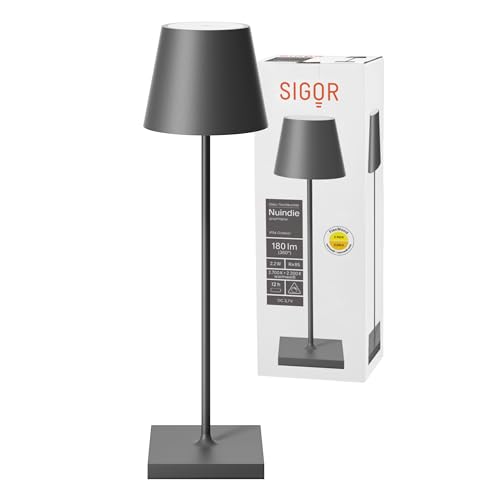SIGOR Nuindie - Dimmbare LED Akku-Tischlampe Indoor & Outdoor, IP54 spritzwassergeschützt, Höhe 38 cm, aufladbar mit USB-C, 12 h Leuchtdauer, graphitgrau von SIGOR