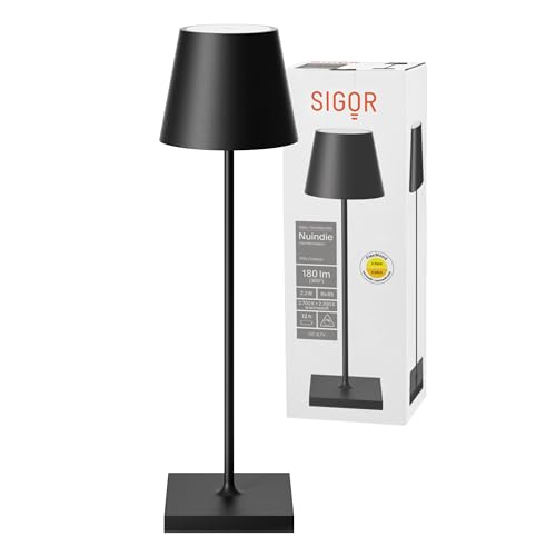 SIGOR Nuindie - Dimmbare LED Akku-Tischlampe Indoor & Outdoor, IP54 spritzwassergeschützt, Höhe 38 cm, aufladbar mit USB-C, 12 h Leuchtdauer, nachtschwarz von SIGOR