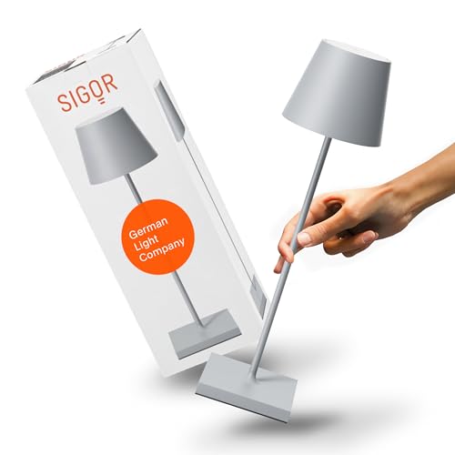 SIGOR Nuindie - Dimmbare LED Akku-Tischlampe Indoor & Outdoor, IP54 spritzwassergeschützt, Höhe 38 cm, aufladbar mit USB-C, 12 h Leuchtdauer, nebelgrau von SIGOR