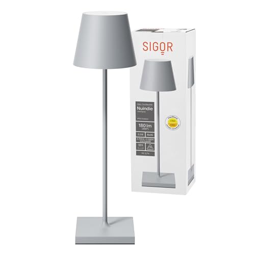 SIGOR Nuindie - Dimmbare LED Akku-Tischlampe Indoor & Outdoor, IP54 spritzwassergeschützt, Höhe 38 cm, aufladbar mit USB-C, 12 h Leuchtdauer, nebelgrau von SIGOR