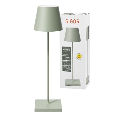 SIGOR Nuindie - Dimmbare LED Akku-Tischlampe Indoor & Outdoor, IP54 spritzwassergeschützt, Höhe 38 cm, aufladbar mit USB-C, 12 h Leuchtdauer, salbeigrün von SIGOR