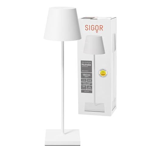 SIGOR Nuindie - Dimmbare LED Akku-Tischlampe Indoor & Outdoor, IP54 spritzwassergeschützt, Höhe 38 cm, aufladbar mit USB-C, 12 h Leuchtdauer, schneeweiss von SIGOR