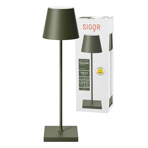 SIGOR Nuindie - Dimmbare LED Akku-Tischlampe Indoor & Outdoor, IP54 spritzwassergeschützt, Höhe 38 cm, aufladbar mit USB-C, 12 h Leuchtdauer, tannengrün von SIGOR