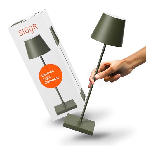 SIGOR Nuindie - Dimmbare LED Akku-Tischlampe Indoor & Outdoor, IP54 spritzwassergeschützt, Höhe 38 cm, aufladbar mit USB-C, 12 h Leuchtdauer, tannengrün von SIGOR