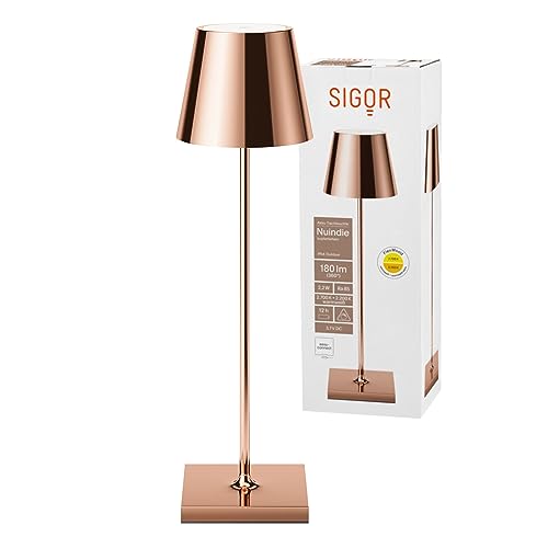 SIGOR Nuindie - Dimmbare LED Akku-Tischlampe Indoor & Outdoor, IP54 spritzwassergeschützt, Höhe 38 cm, aufladbar mit easy-connect, 12 h Leuchtdauer, kupferfarben von SIGOR