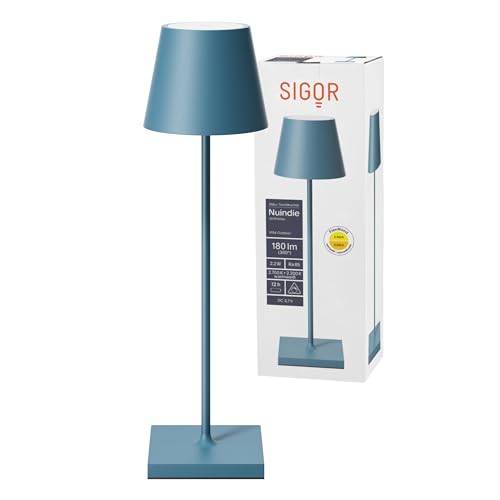 SIGOR Nuindie - Dimmbare LED Akku-Tischlampe Indoor & Outdoor, IP54 spritzwassergeschützt, Höhe 38 cm, aufladbar mit Easy Connect, 12 h Leuchtdauer, delfinblau von SIGOR