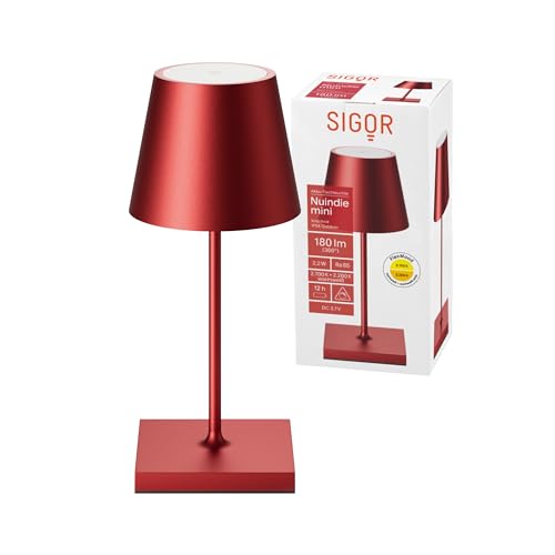 SIGOR Nuindie mini - Dimmbare kleine LED Akku-Tischlampe Indoor & Outdoor, IP54 spritzwassergeschützt, Höhe 25 cm, aufladbar mit Easy Connect, 12 h Leuchtdauer, kirschrot von SIGOR