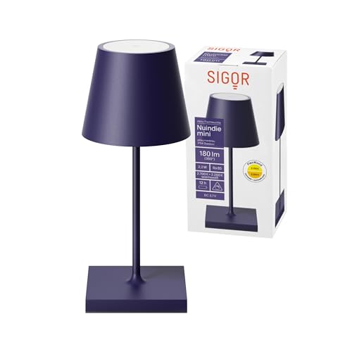 SIGOR Nuindie mini - Dimmbare kleine LED Akku-Tischlampe Indoor & Outdoor, IP54 spritzwassergeschützt, Höhe 25 cm, aufladbar mit Easy Connect, 12 h Leuchtdauer, pflaumenblau von SIGOR