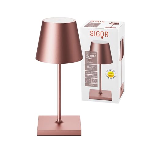 SIGOR Nuindie mini - Dimmbare kleine LED Akku-Tischlampe Indoor & Outdoor, IP54 spritzwassergeschützt, Höhe 25 cm, aufladbar mit Easy Connect, 12 h Leuchtdauer, rosegold von SIGOR