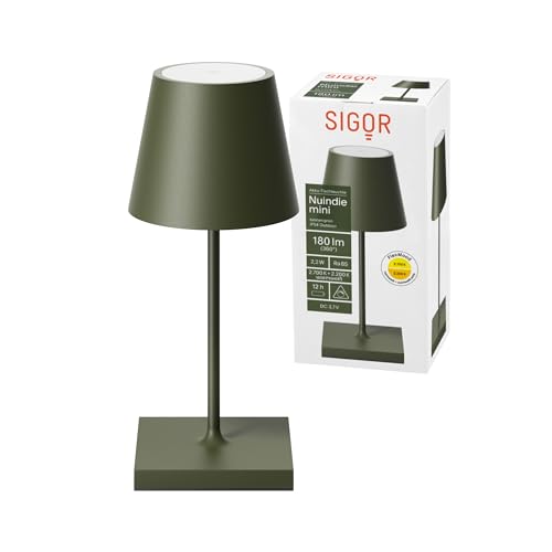 SIGOR Nuindie Mini - Dimmbare kleine LED Akku-Tischlampe Indoor & Outdoor, IP54 spritzwassergeschützt, Höhe 25 cm, aufladbar mit Easy-Connect, 12 h Leuchtdauer, Tannengrün von SIGOR