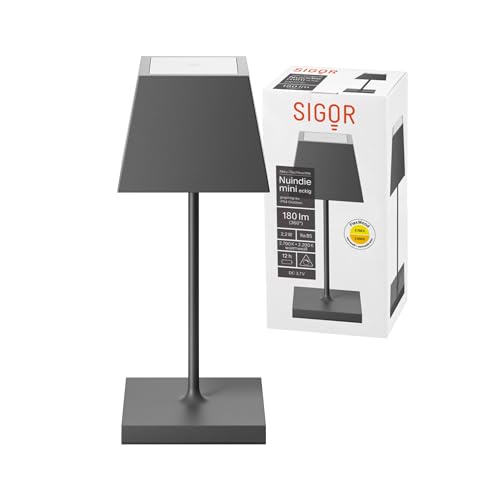 SIGOR Nuindie mini - Dimmbare kleine LED Akku-Tischleuchte Indoor & Outdoor mit eckigem Schirm, IP54 spritzwassergeschützt, Höhe 25 cm, aufladbar mit Easy Connect, 12 h Leuchtdauer, graphitgrau von SIGOR