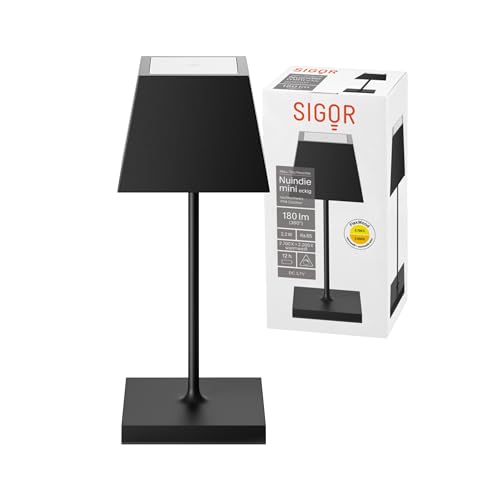 SIGOR Nuindie mini - Dimmbare kleine LED Akku-Tischleuchte Indoor & Outdoor mit eckigem Schirm, IP54 spritzwassergeschützt, Höhe 25 cm, aufladbar mit Easy Connect, 12 h Leuchtdauer, nachtschwarz von SIGOR