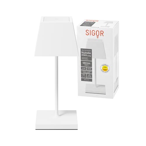 SIGOR Nuindie mini - Dimmbare kleine LED Akku-Tischleuchte Indoor & Outdoor mit eckigem Schirm, IP54 spritzwassergeschützt, Höhe 25 cm, aufladbar mit Easy Connect, 12 h Leuchtdauer, schneeweiß von SIGOR