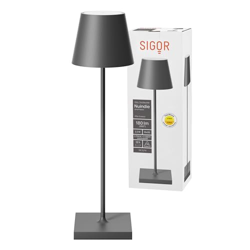 SIGOR Nuindie - Dimmbare LED Akku-Tischlampe Indoor & Outdoor, IP54 spritzwassergeschützt, Höhe 38 cm, aufladbar mit Easy Connect, 12 h Leuchtdauer, graphitgrau von SIGOR