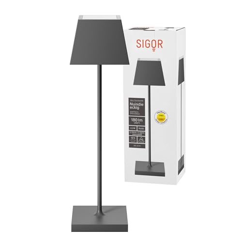 SIGOR Nuindie - Dimmbare LED Akku-Tischleuchte Indoor & Outdoor mit eckigem Schirm, Höhe 37 cm, aufladbar mit Easy Connect, 12 h Leuchtdauer, graphitgrau von SIGOR