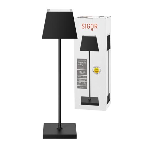 SIGOR Nuindie - Dimmbare LED Akku-Tischleuchte Indoor & Outdoor mit eckigem Schirm, IP54 spritzwassergeschützt, Höhe 37 cm, aufladbar mit Easy Connect, 12 h Leuchtdauer, nachtschwarz von SIGOR