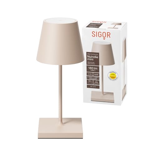 SIGOR Nuindie mini - Dimmbare kleine LED Akku-Tischlampe Indoor & Outdoor, IP54 spritzwassergeschützt, Höhe 25 cm, aufladbar mit USB-C, 12 h Leuchtdauer, dünenbeige von SIGOR