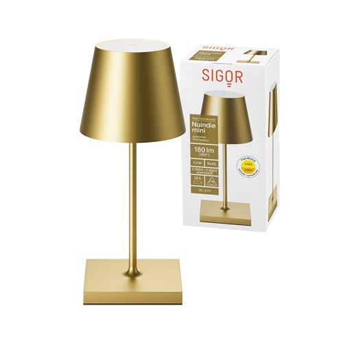 SIGOR Nuindie mini - Dimmbare kleine LED Akku-Tischlampe Indoor & Outdoor, IP54 spritzwassergeschützt, Höhe 25 cm, aufladbar mit USB-C, 12 h Leuchtdauer, goldfarben von SIGOR