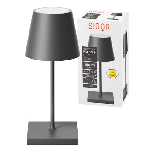 SIGOR Nuindie mini - Dimmbare kleine LED Akku-Tischlampe Indoor & Outdoor, IP54 spritzwassergeschützt, Höhe 25 cm, aufladbar mit USB-C, 12 h Leuchtdauer, graphitgrau von SIGOR