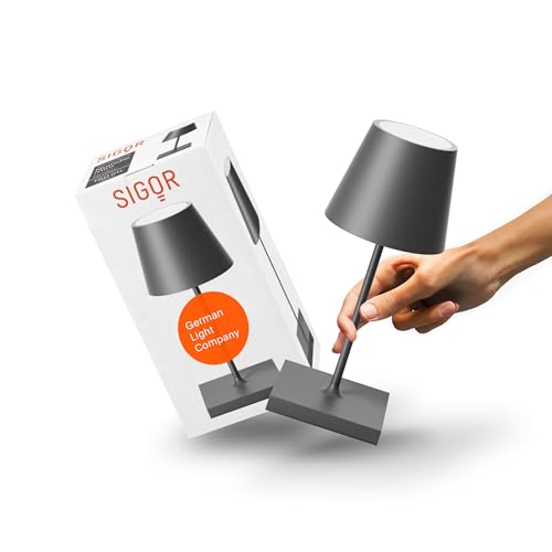 SIGOR Nuindie mini - Dimmbare kleine LED Akku-Tischlampe Indoor & Outdoor, IP54 spritzwassergeschützt, Höhe 25 cm, aufladbar mit USB-C, 12 h Leuchtdauer, graphitgrau von SIGOR