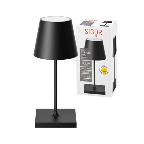 SIGOR Nuindie mini - Dimmbare kleine LED Akku-Tischlampe Indoor & Outdoor, IP54 spritzwassergeschützt, Höhe 25 cm, aufladbar mit USB-C, 12 h Leuchtdauer, nachtschwarz von SIGOR