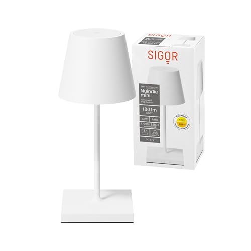 SIGOR Nuindie mini - Dimmbare kleine LED Akku-Tischlampe Indoor & Outdoor, IP54 spritzwassergeschützt, Höhe 25 cm, aufladbar mit USB-C, 12 h Leuchtdauer, schneeweiß von SIGOR