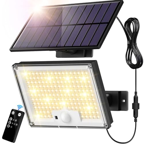 SIGRILL Solarlampen mit Bewegungsmelder 172LED Solarleuchten Aussen, Solar Strahler IP65 Außenwandleuchte Warmes Licht Gartenleuchten mit 5m Kabel, Garage von SIGRILL