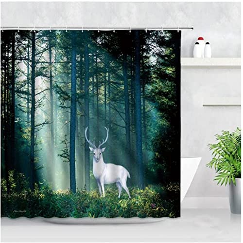 Duschvorhang 120x180 cm Hirsche, aus Stoff Polyester Waschbar Anti Schimmel Wald-Themen Shower Curtains, Duschvorhänge Curtains mit Haken von SIHATE