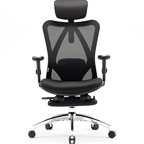 SIHOO Ergonomischer Büro-Liegestuhl mit Fußstütze, Computer-Schreibtischstuhl, verstellbaren Kopfstützen Stuhllehne und Armlehnen-Netzstuhl (Schwarz) von SIHOO