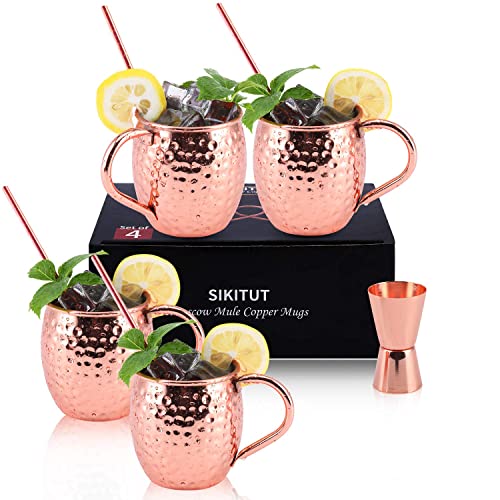SIKITUT Moscow Mule Becher 4er Set, Handgefertigt Kupferbecher, 550ml Cocktail Set mit: 4 Hochwertige Kupferne Gläsern, 4 Cocktailstrohhalme und 1 Jigger von SIKITUT