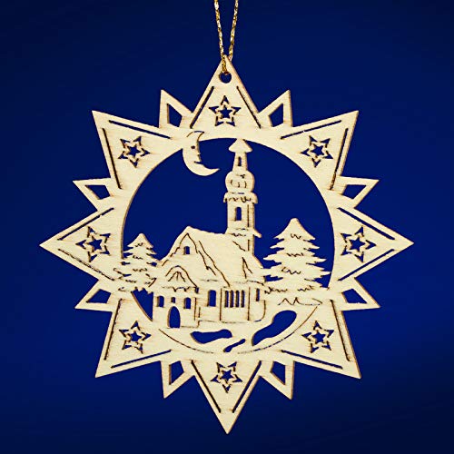 SIKORA BS-LS Traditionelle Filigrane Christbaumschmuck Holzanhänger aus nachhaltiger Herstellung - 28 Modelle wählbar, Modell:M3 Mehrzackstern Dorfkirche D 8.8cm von SIKORA