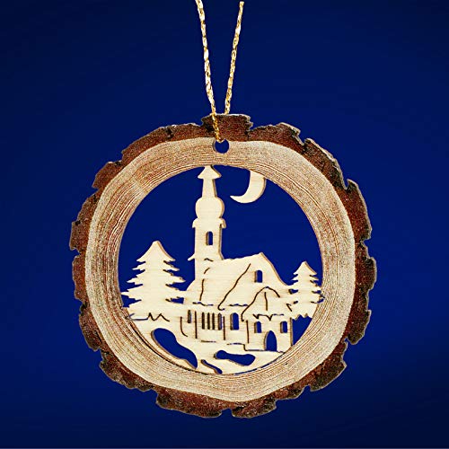 SIKORA BS-LS Traditionelle Filigrane Christbaumschmuck Holzanhänger aus nachhaltiger Herstellung - 28 Modelle wählbar, Modell:R2 Rindenoptik Dorfkirche D 6cm von SIKORA