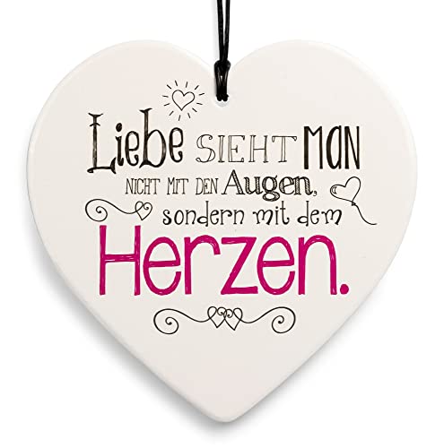 SIKORA Geschenk Herz aus weißem Steingut mit liebevollen Botschaften für jeden Anlass, Farbe/Modell:PH01 - für den Partner - Liebe Sieht Man mit dem Herzen von SIKORA