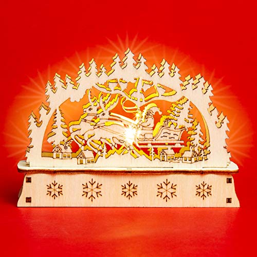 SIKORA LB-Mini Mini Schwibbogen aus Holz mit LED Beleuchtung - viele Motive, Farbe:Motiv Weihnachtsmann mit Rentierschlitten von SIKORA