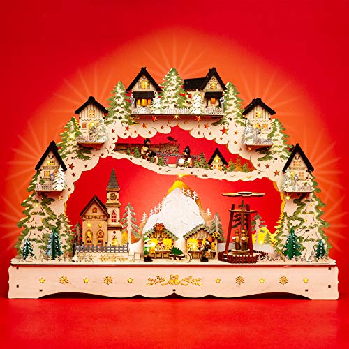 SIKORA LB46 beleuchteter LED XL Holz Schwibbogen Berg-WEIHNACHTSDORF mit drehender Pyramide inklusive Trafo von SIKORA