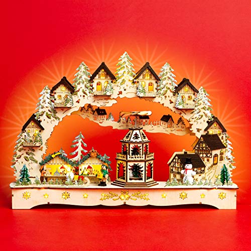 SIKORA LB47 beleuchteter LED Holz Schwibbogen WEIHNACHTSDORF MIT Pyramide mit Motorantrieb inklusive Trafo von SIKORA