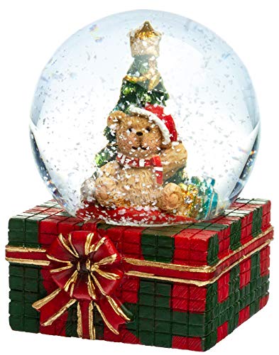 SIKORA SK08 Kleine Glas Deko Schneekugel Bär mit Tannenbaum D:45mm, Schneekugeln:Bär mit Weihnachtsbaum auf Geschenkpaket von SIKORA